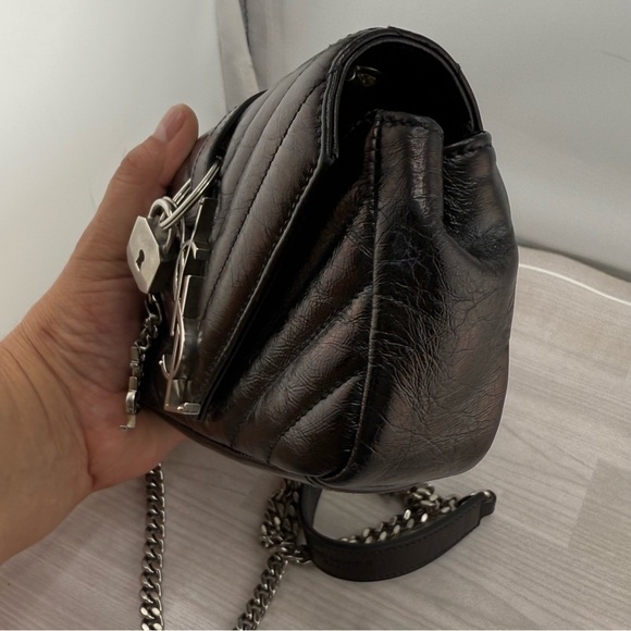 Saint Laurent Black and Silver Crossbody Bag with Chevron Quilting - Picture 12 of 13